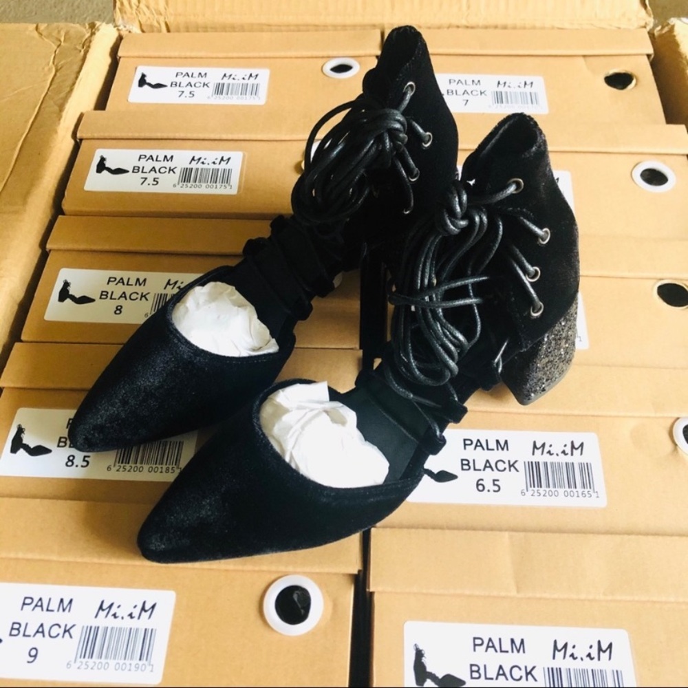 Mi.iM Plam Black Lace-Up Velvet Glitter Block Heels - Picture 4 of 6